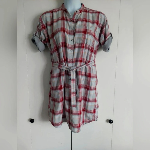 Royal Robbins Plaid shirt dress belted button down L knee length Skater - Picture 1 of 4
